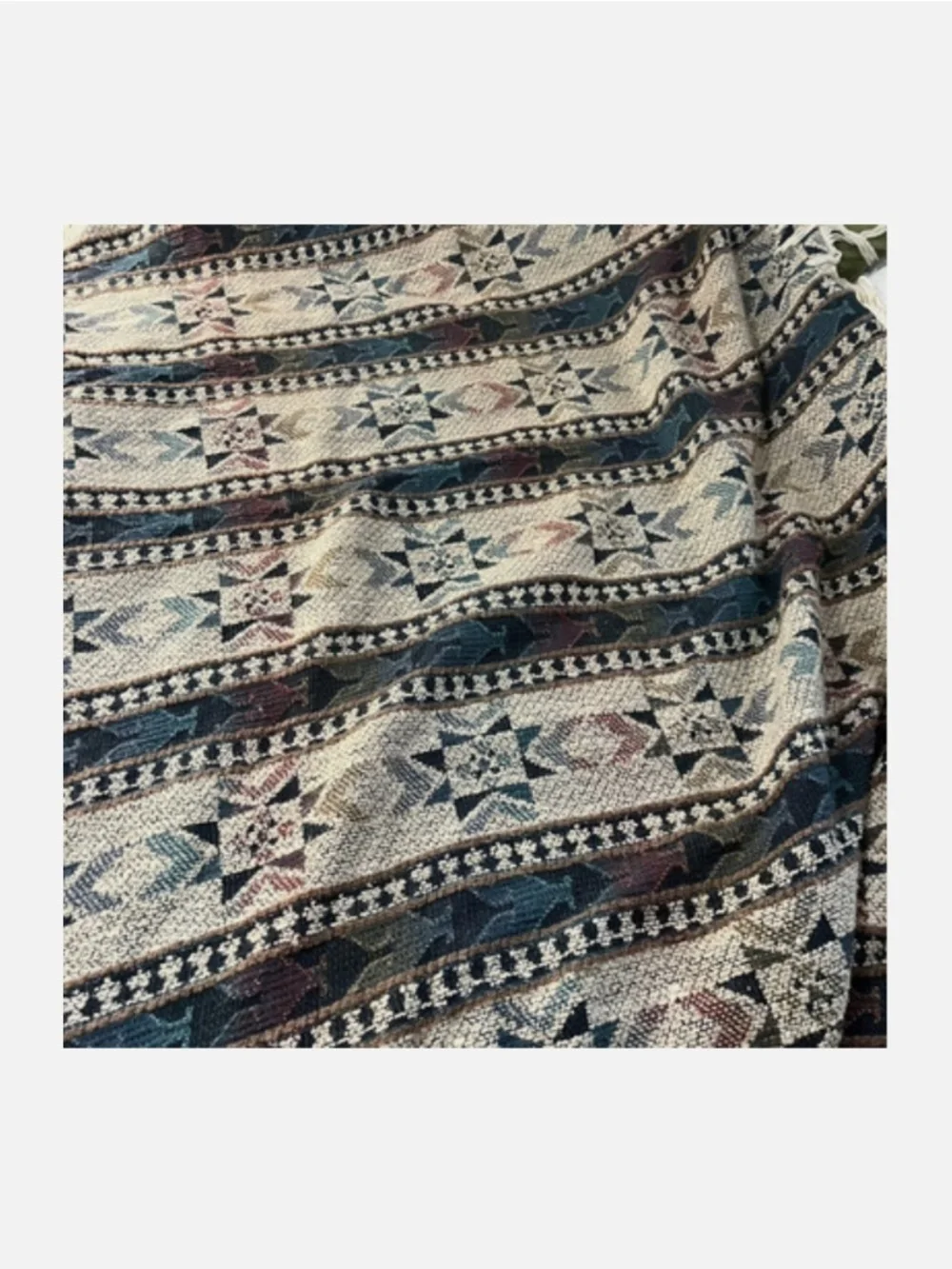 Large Vtg Oval Woven Knit Blanket Rug Fringe Multicolor Southwestern 112